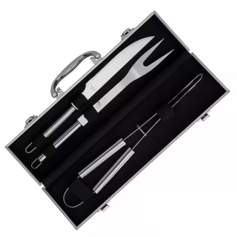 Kit Barbacoa 3 Piezas Maleta Aluminio Cubiertos Acero Inoxidable Regalo