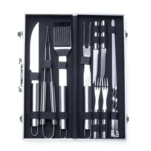 Kit Barbacoa 10 Piezas Cubiertos Pinchos Acero Inoxidable Estuche Aluminio